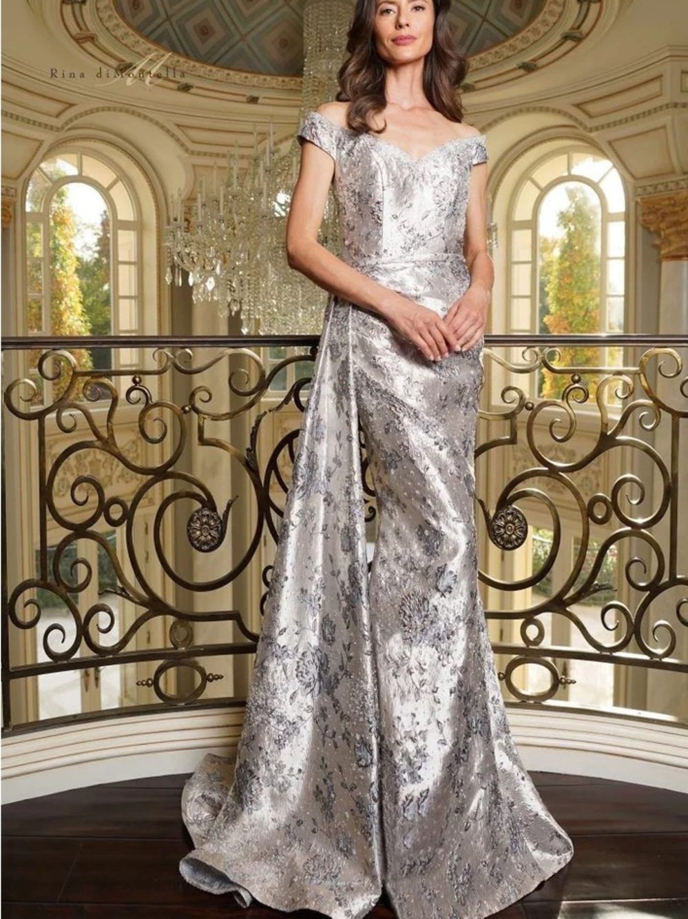 Rina diMontella Silver Metallic Off-Shoulder Wedding Dress mother of the bride